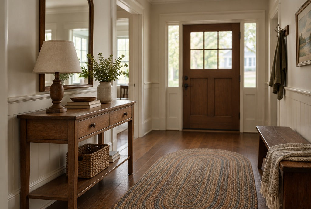 A classic New England entry hall with a solid wood console, mirror, wood lamp and a bench with a braided rug