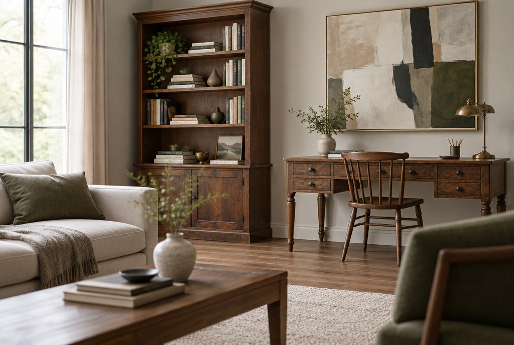 A living room mixing a vintage-style solid wood desk and bookcase with a modern sofa and abstract art