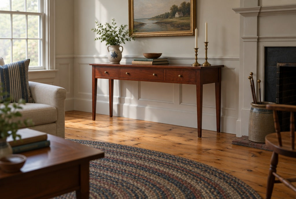 A New England colonial living room with a solid cherry console, wide pine floors, wainscoting and a braided rug