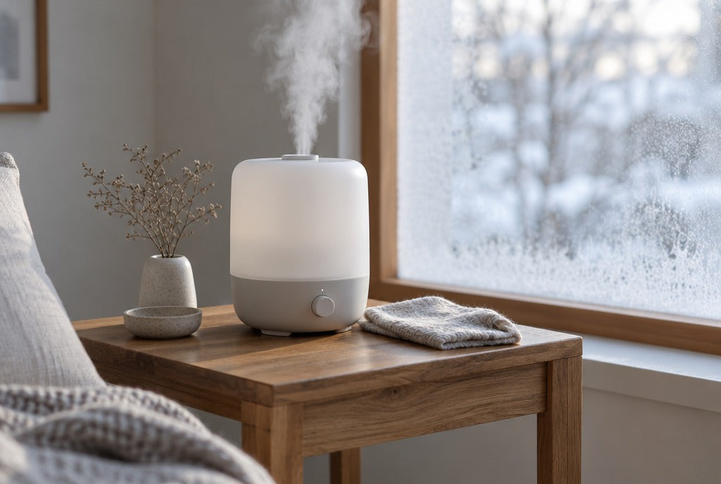 A solid wood side table near a frosted window with a humidifier and a soft cloth, winter light