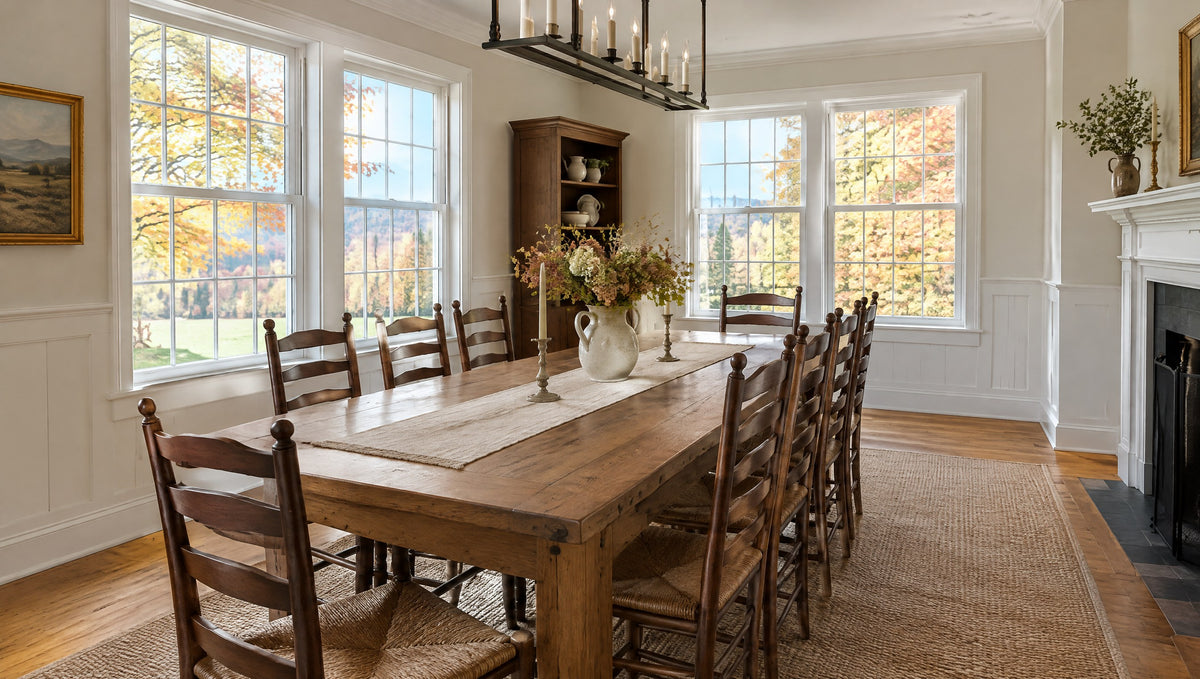A bright New England farmhouse dining room with a long solid wood table