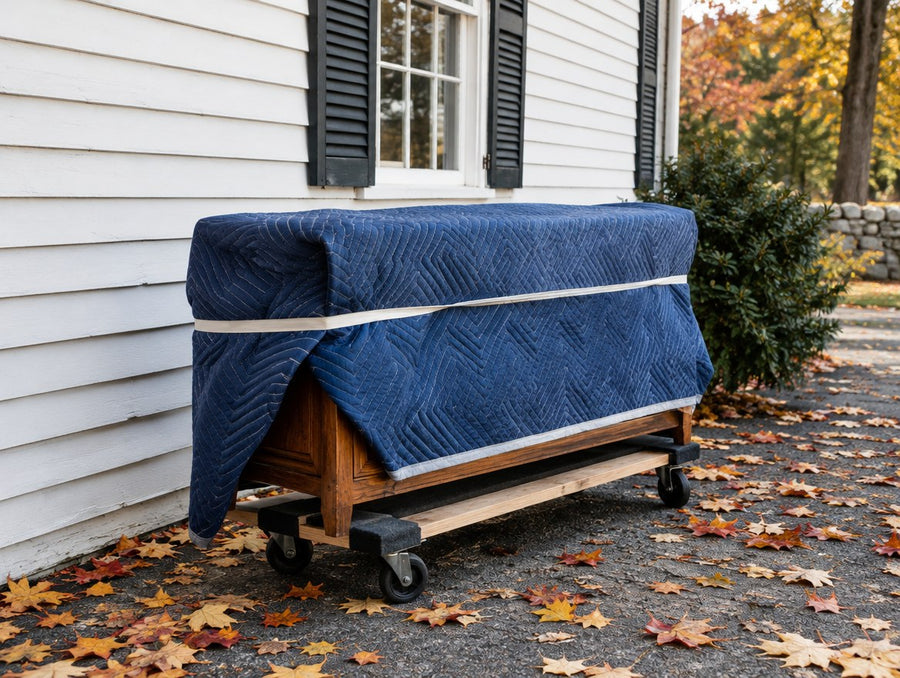 A blanket-wrapped solid wood console on a dolly beside a white clapboard building